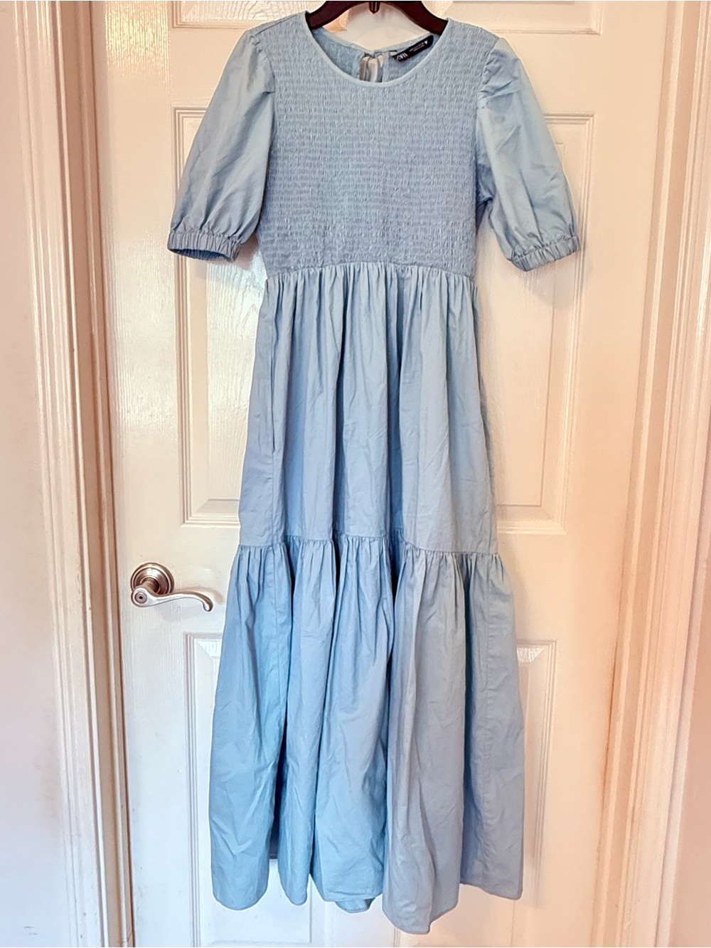Zara Light Blue Smocked Tiered Maxi Dress